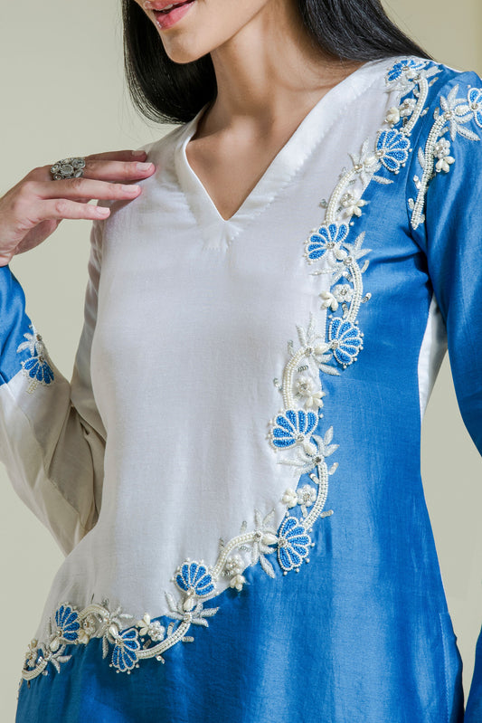 White & blue embroidered 2 piece kurta set
