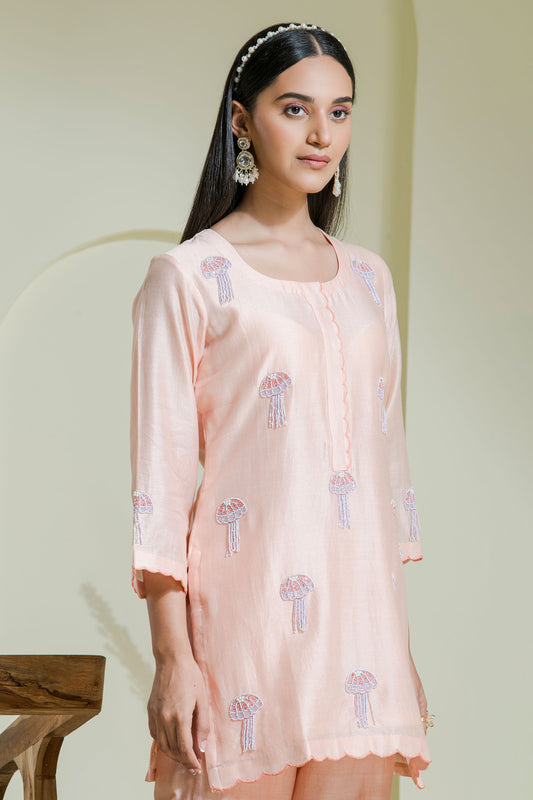 peach & lilac hand embroidered 2 piece kurta set