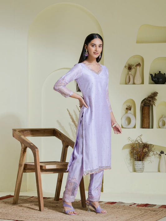 lavender 2 piece hand embroidered kurta set