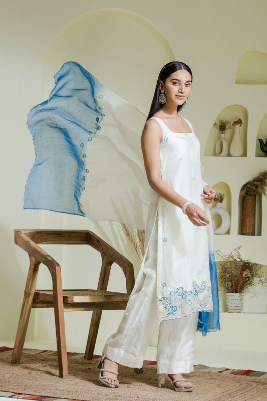 white & blue hand embroidered 3 piece kurta set