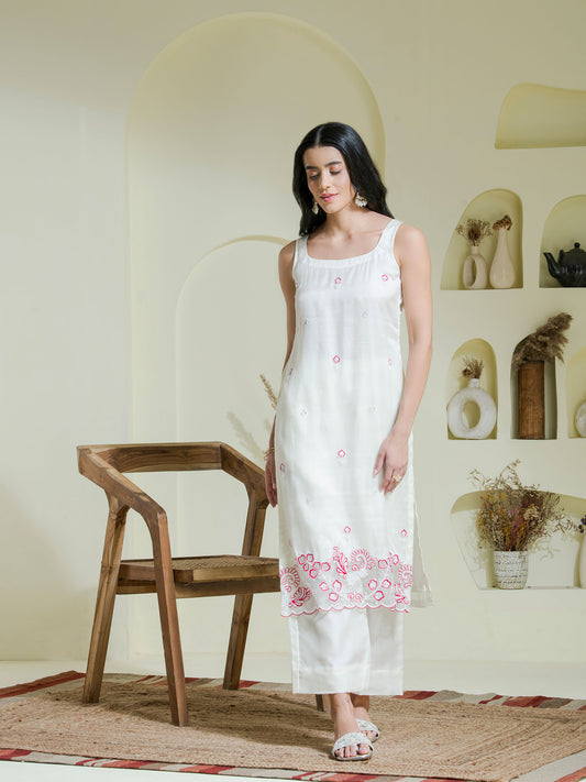white & pink hand embroidered three piece kurta set