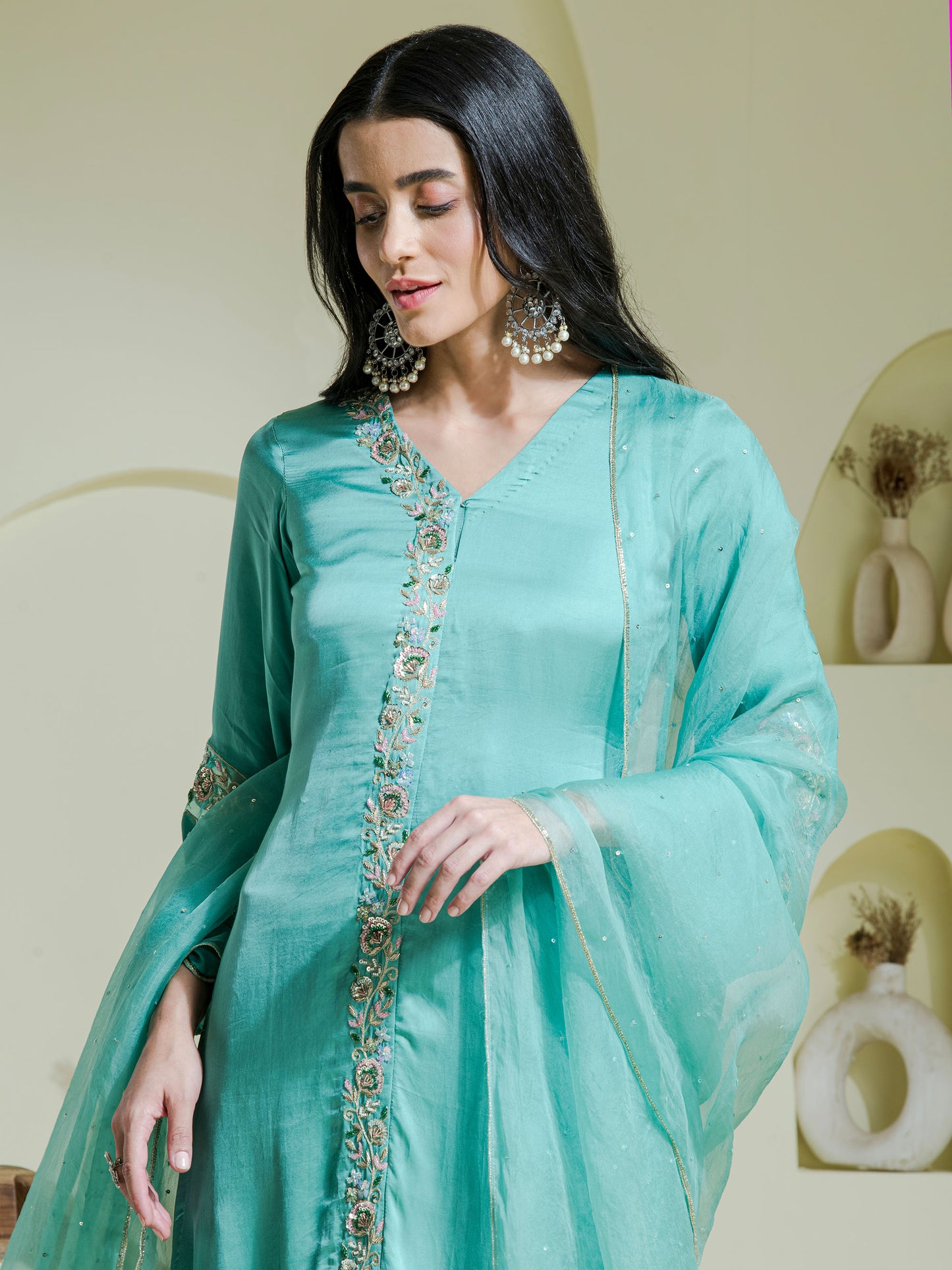 sea green hand embroidered three piece kurta set