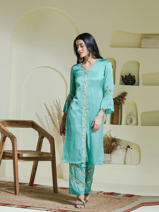 sea green hand embroidered three piece kurta set