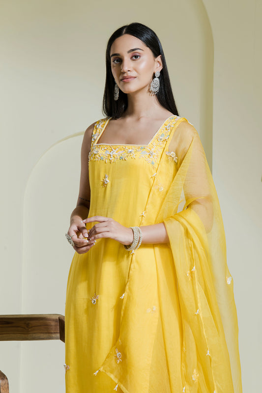 Sunshine yellow hand embroidered three piece kurta set