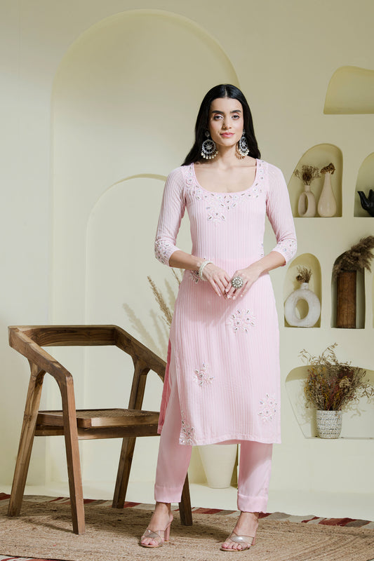 Baby pink hand embroidered three piece kurta set