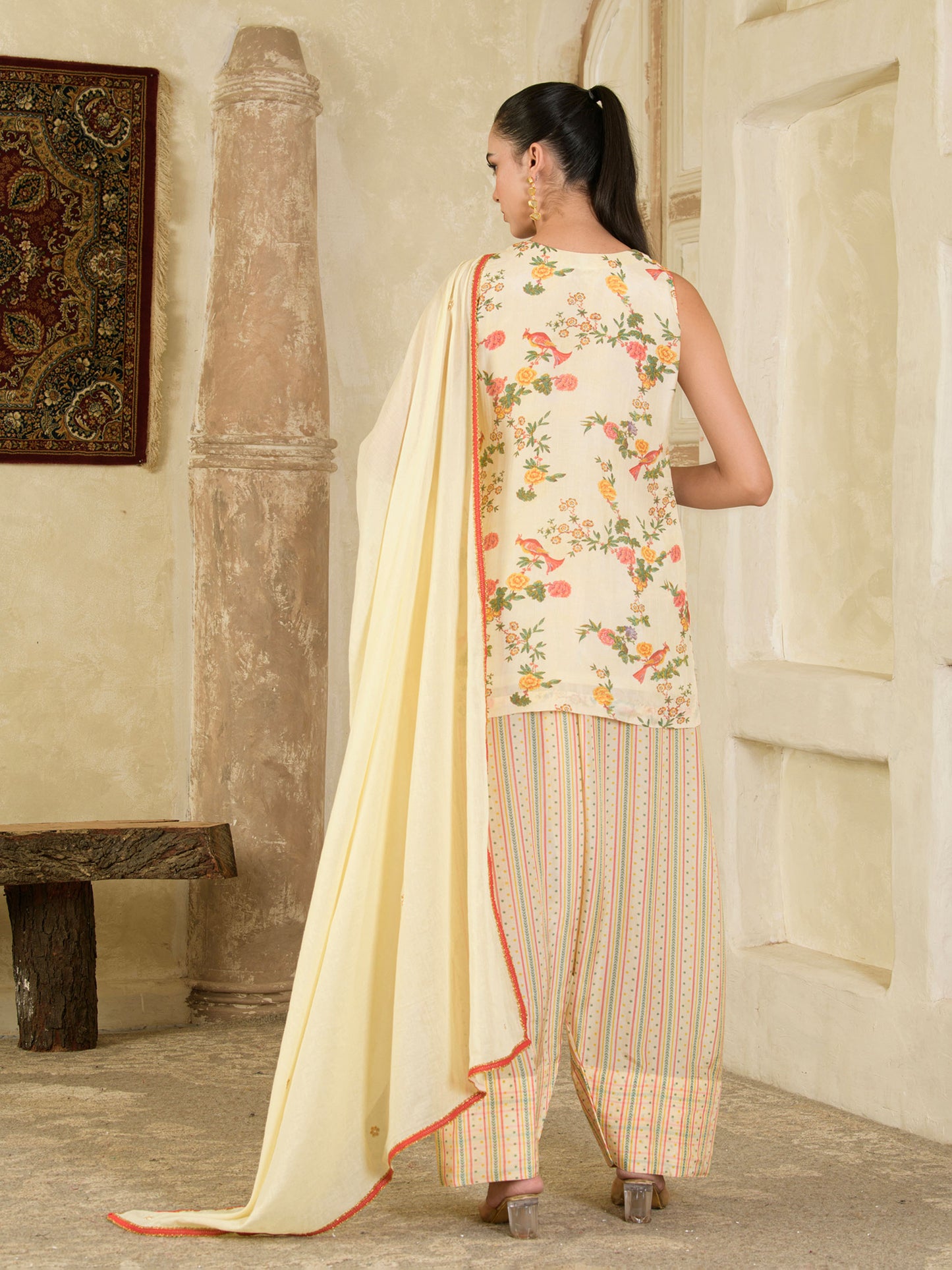 Cream Print with hand embroidery Farsi Salwar Kurta set ( set of 3 )