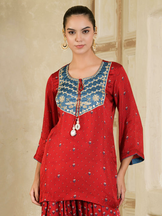 Maroon Print with Hand Embroidery Farsi Salwar Kurta set ( set of 3)