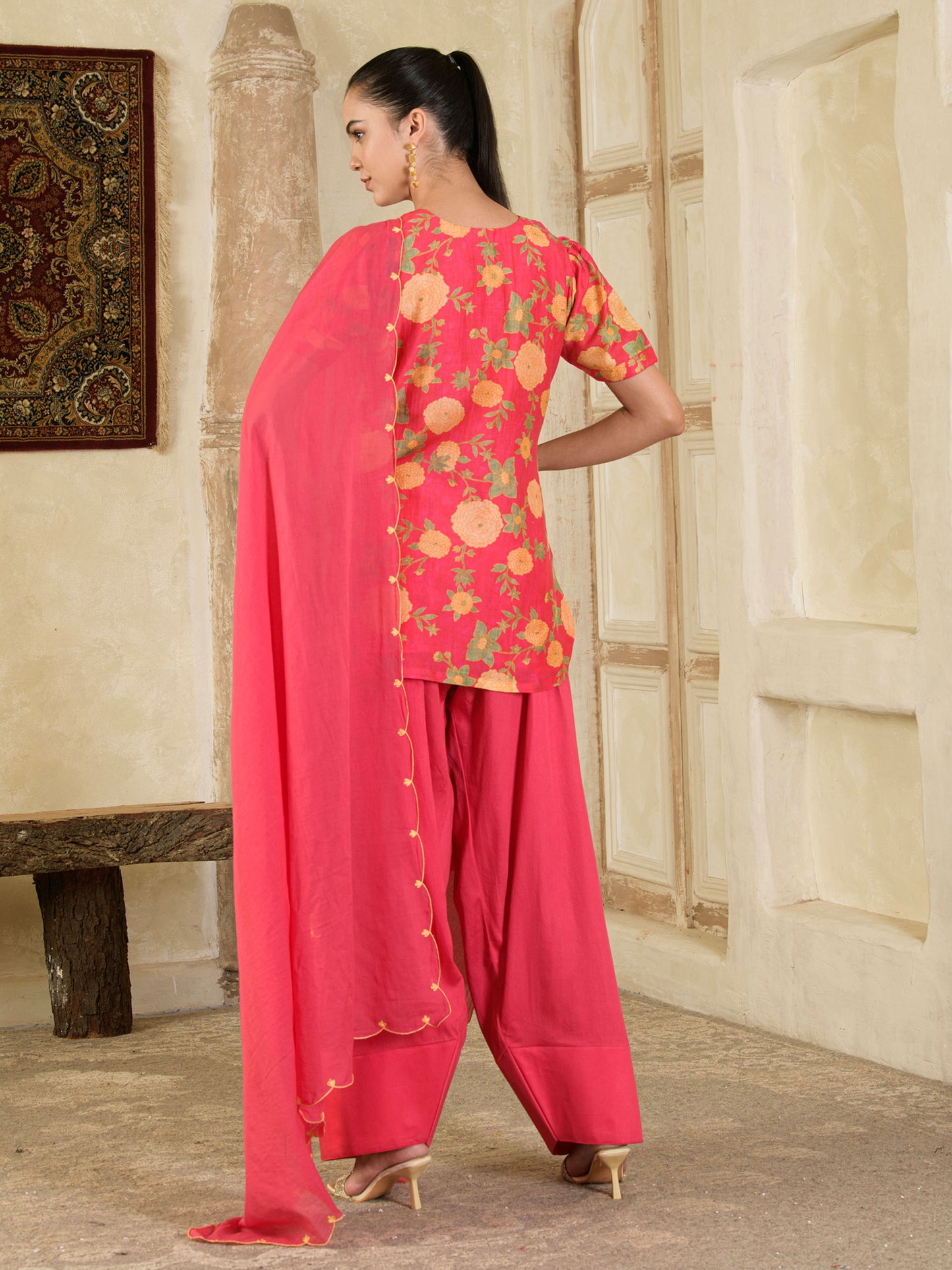 Pink Printed Farsi Salwar Kurta Set ( set of 3 )