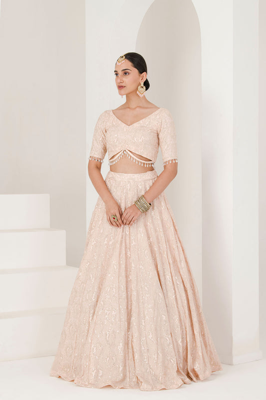 peach chikankari work lehenga set