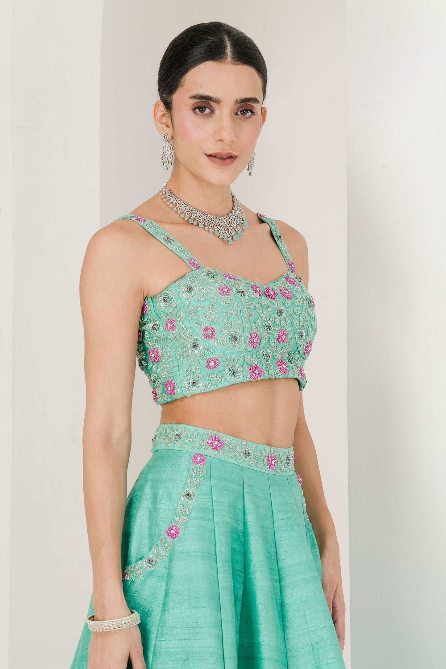 Sea green & ruby pink hand embroidered lehenga set