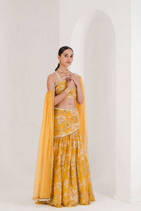 Yellow print draped embroidered lehenga set