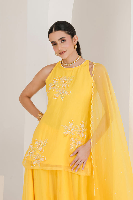 sunshine yellow hand embroidered sharara set