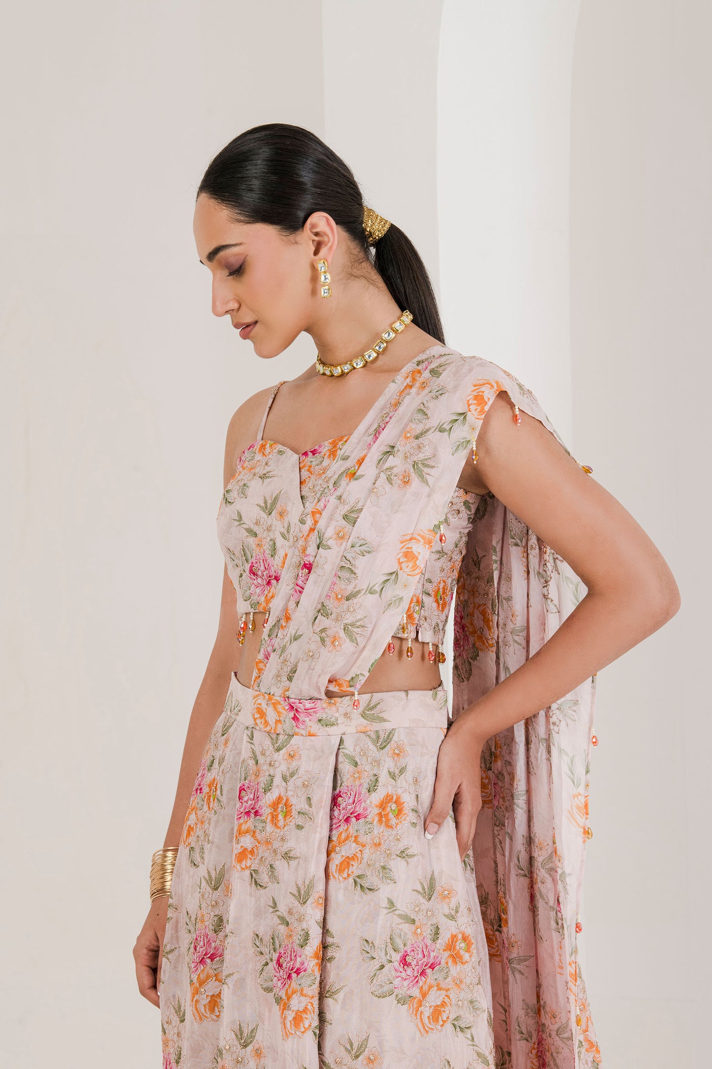 Blush pink floral print pre stitched saree