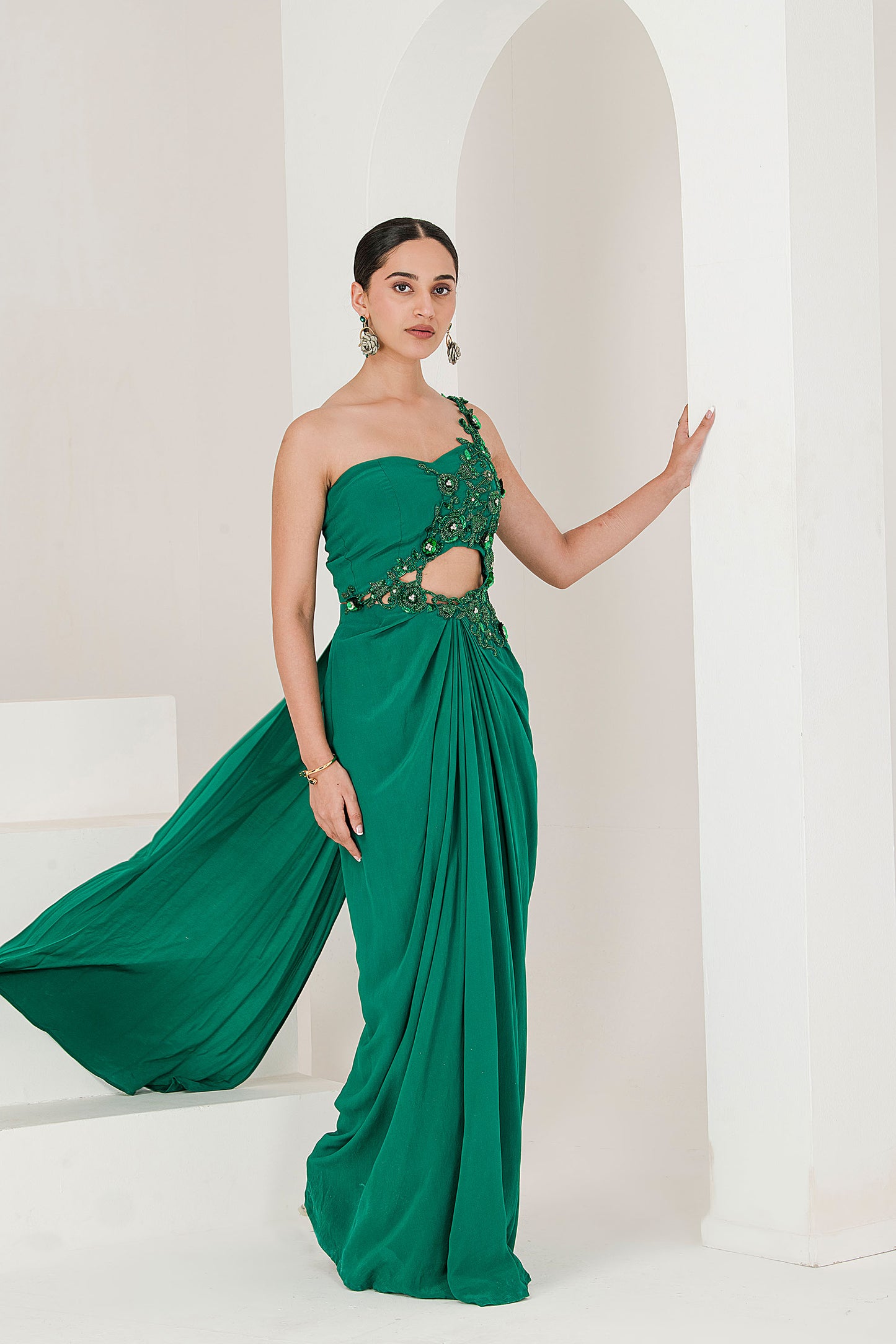 Green crepe hand embroidered pre stitched saree