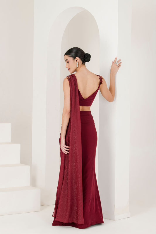 Wine hand embroidered pre stitched saree