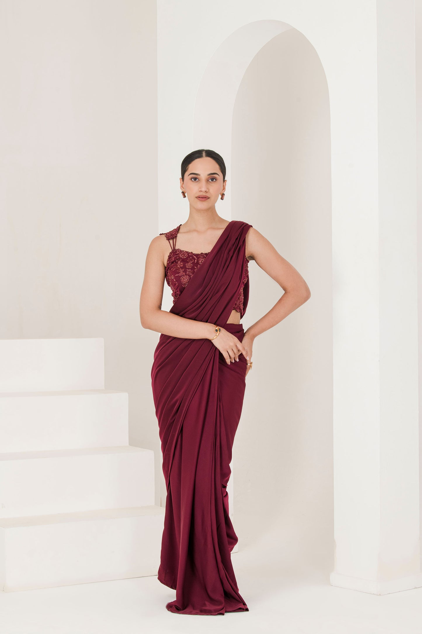 Wine hand embroidered pre stitched saree