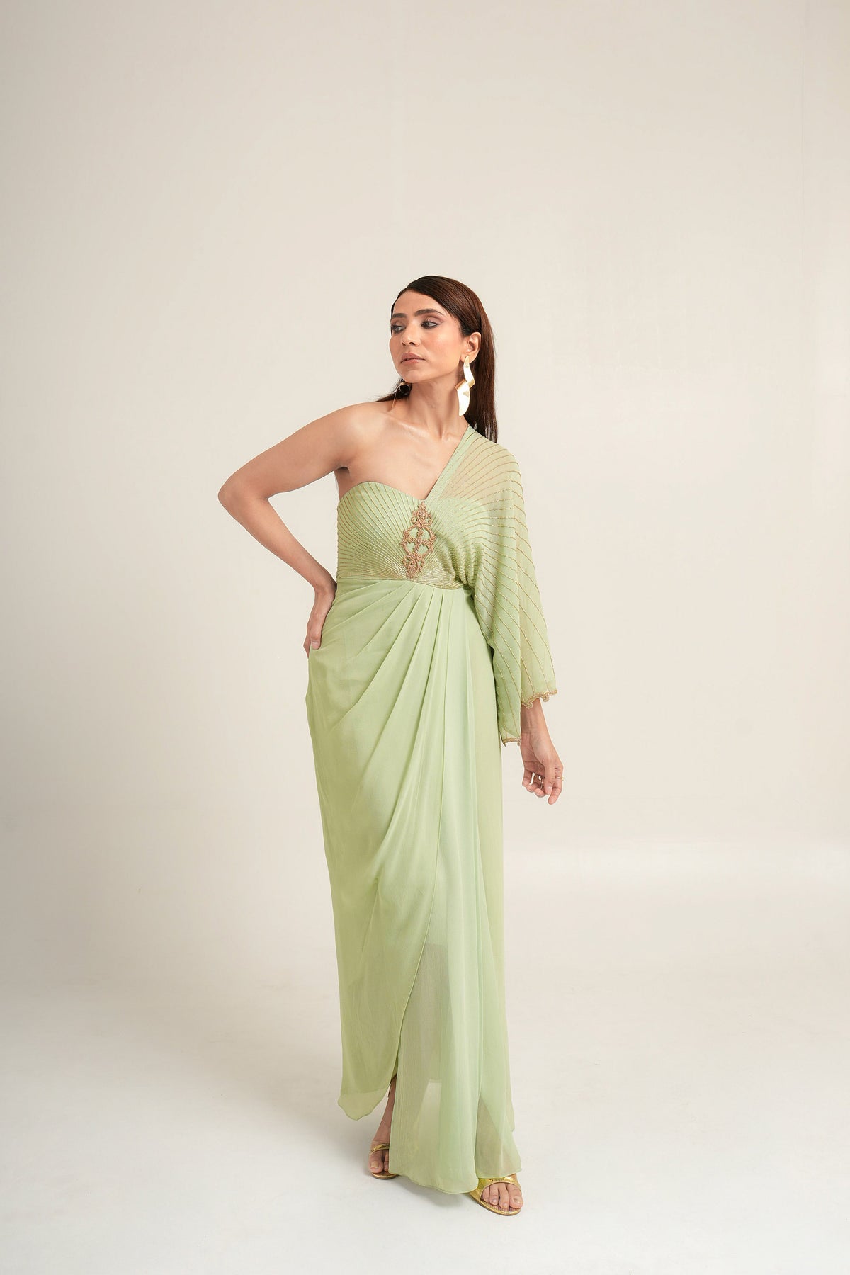 Green Zarosi Motif Georgette Symphony Sangeet Draped Saree