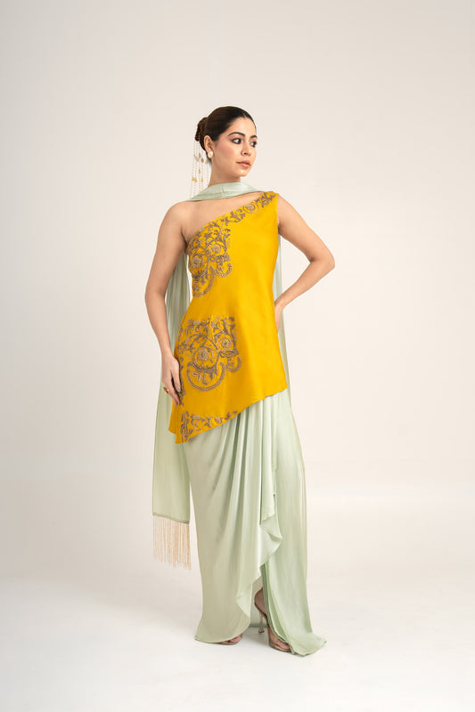 Bleed Yellow & Mint Green Dabka EmbroideryBemberg Silk Kurta & Draped Skirt for Mehendi