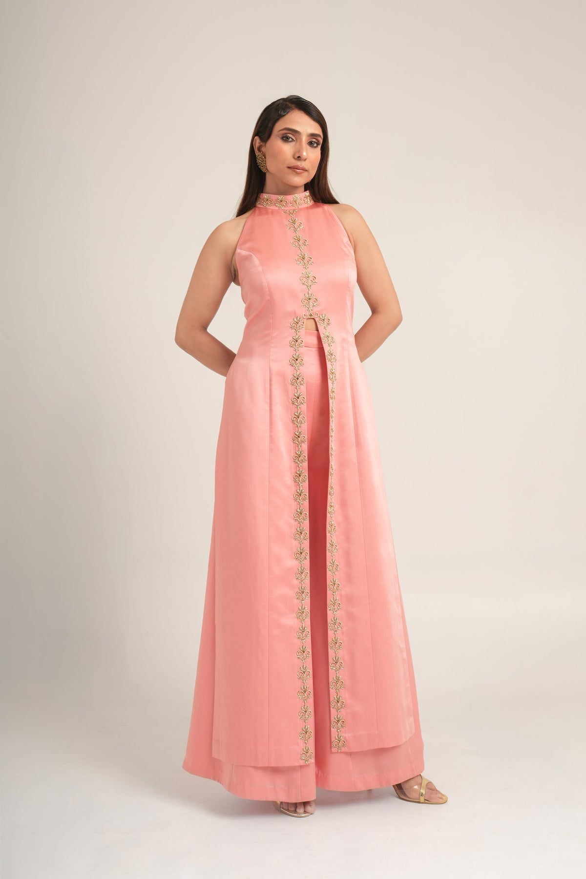 Midnight Salmon Pink Monaco Satin Zardosi Work Party Wear Jacket & Sharara
