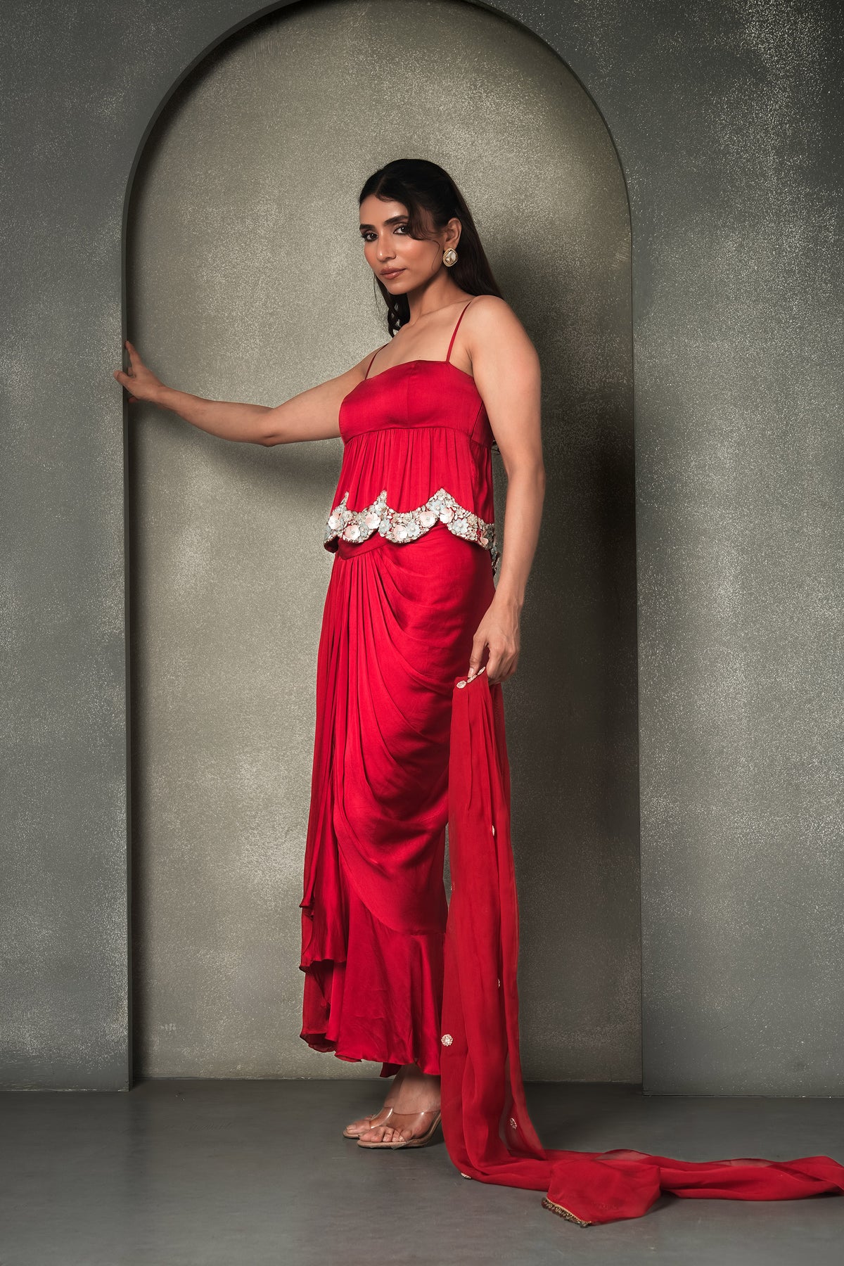 Grecian Goddess Red Draped Stones, sequins Work Georgette Satin Skirt & Peplum Blouse