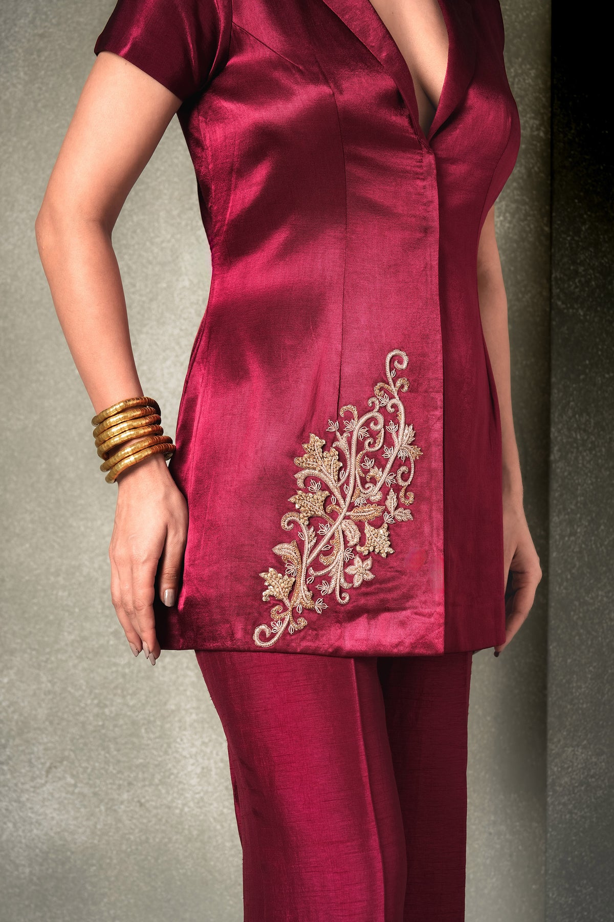 Brass & Bordeaux Deep Wine Dabka & Cutdana work Mashru Satin Pants & Blazer