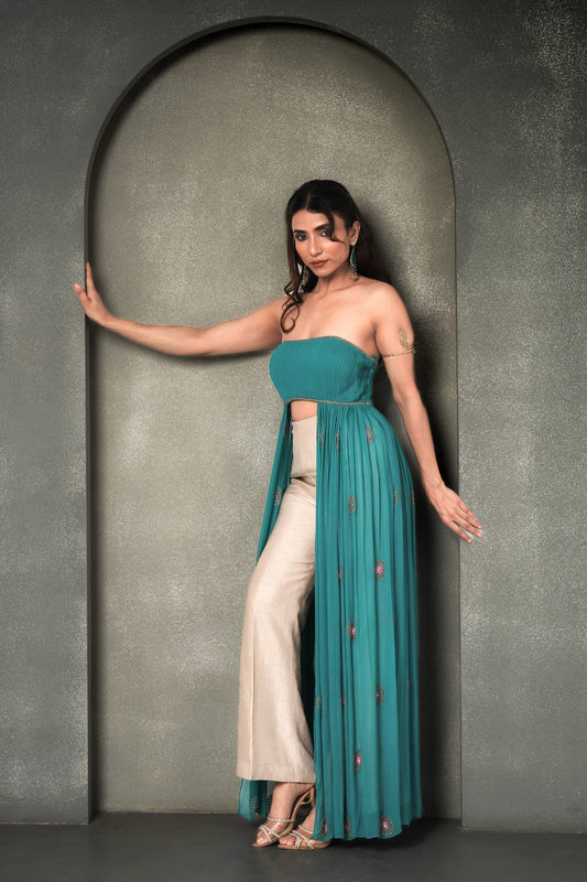 Teal Blue & Cream Laguna Bemberg Georgette Resham Work Cape with Gharara