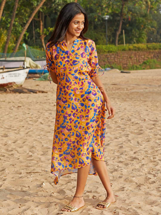 Mustard Print Cotton Blend A-Line With Up-Down Hem Midi Dress