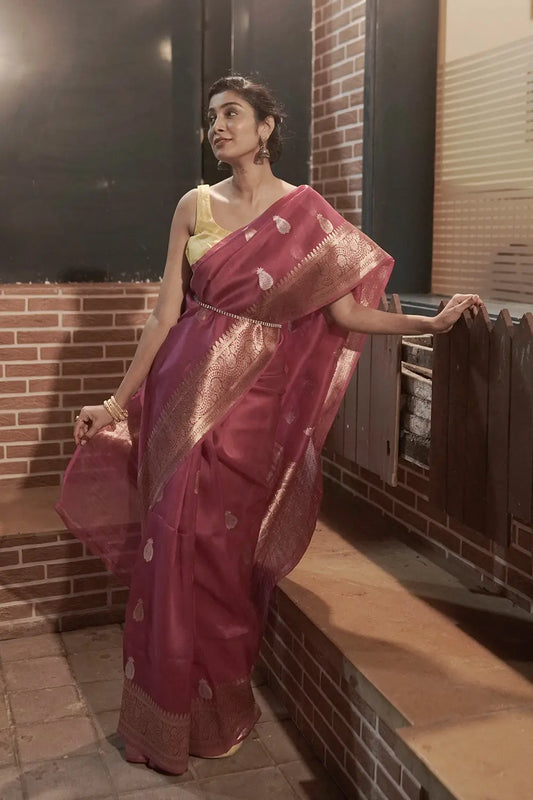 Handloom Pink Organza Saree With Gold Zari Border