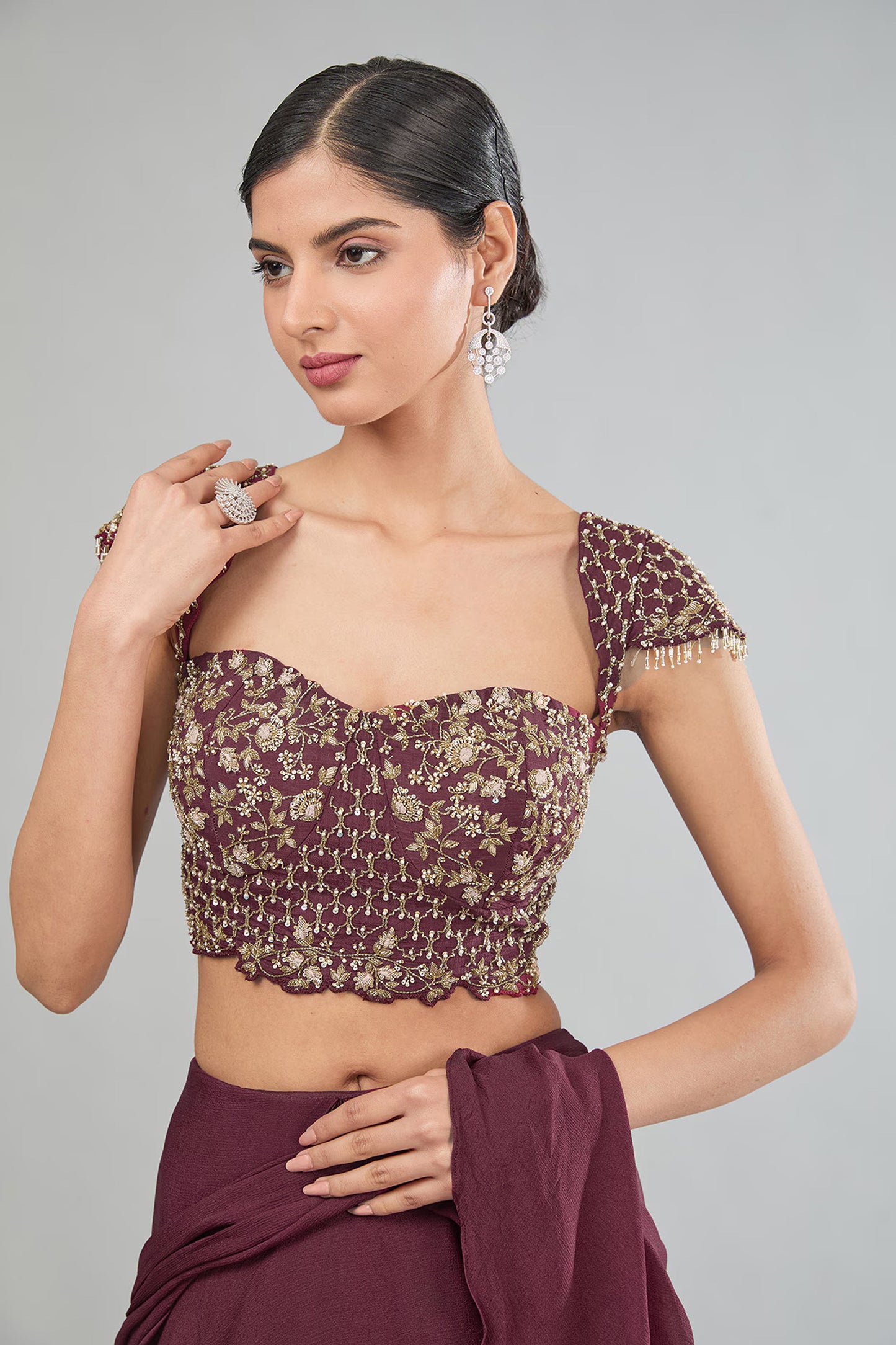 Maroon Chinnon Zardosi Ruffled pre drape saree