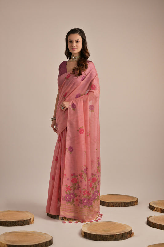 Pink Muga Cotton Flower embroidered saree