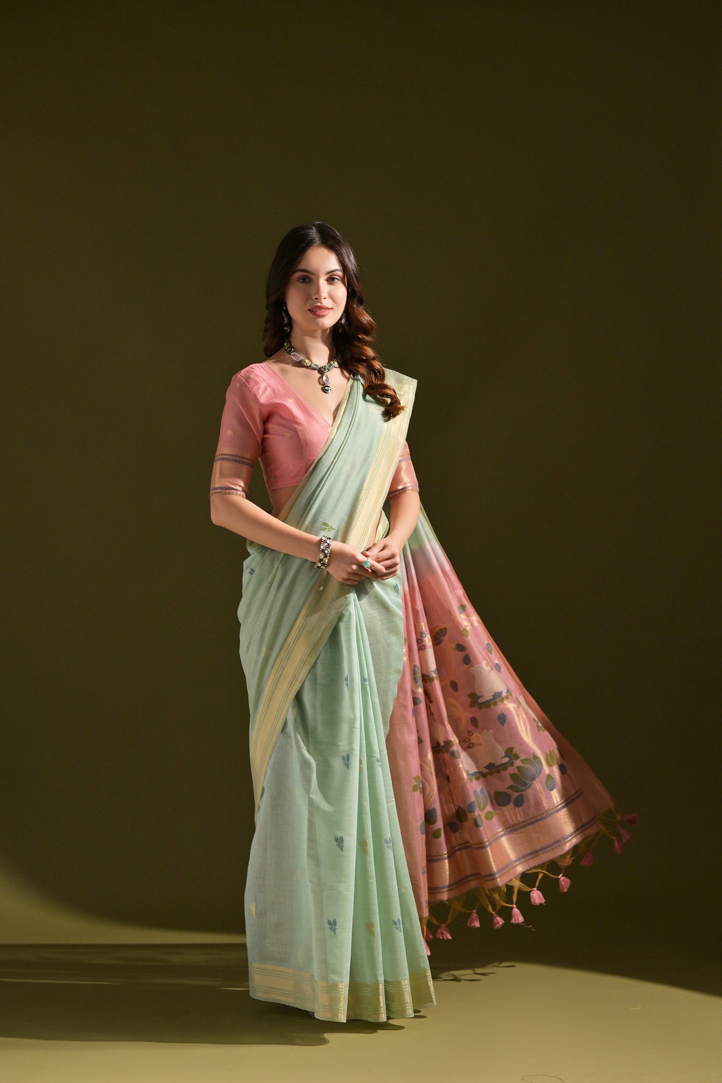 Sea Green Muga Cotton Cow and flower Design Woven saree