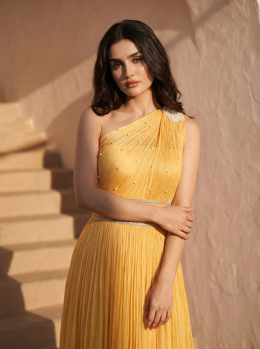 One-shoulder Marigold Chinon Pearl Hand Work Party Wear Pleated Gown