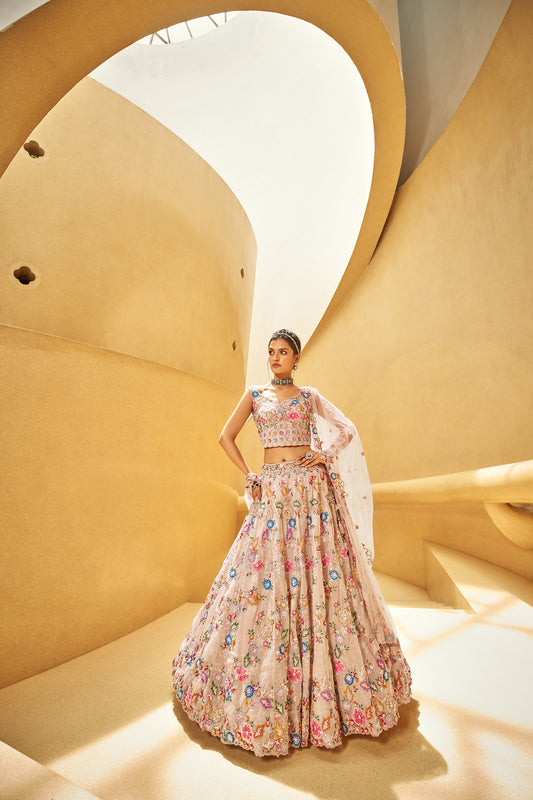 Rose gold Organza fabric Sequins work Bridal Lehenga