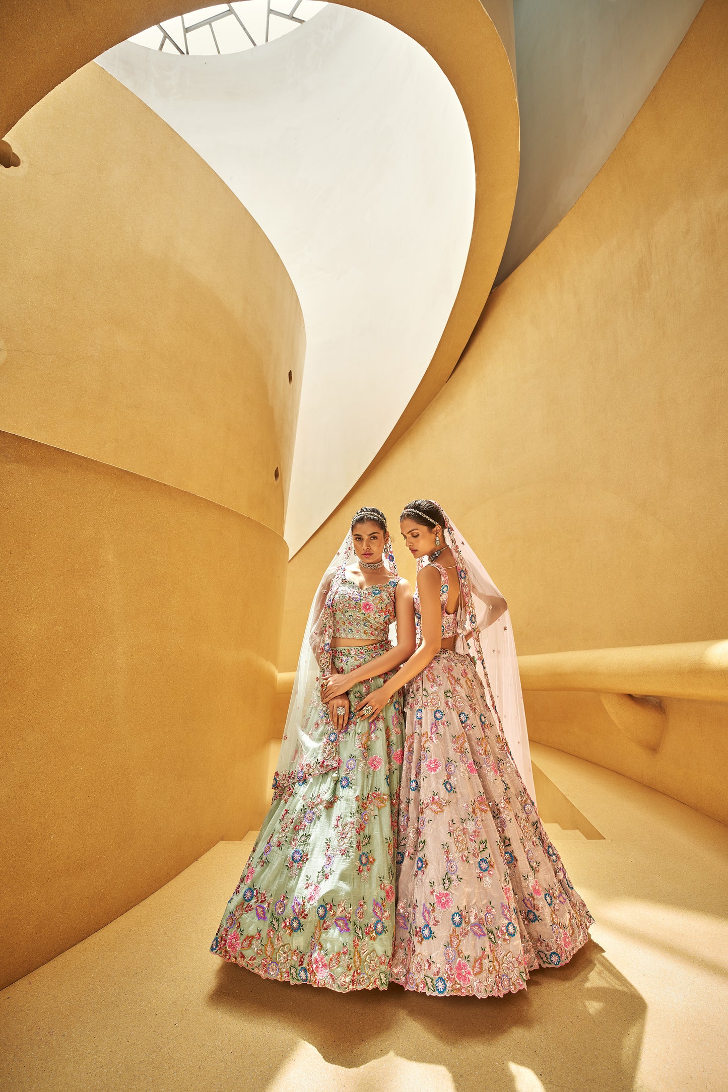 Rose gold Organza fabric Sequins work Bridal Lehenga