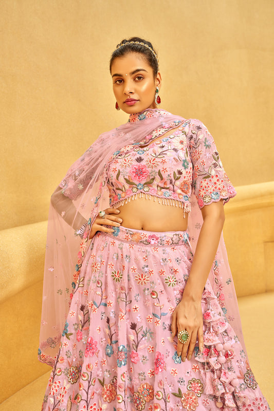 Pink Organza Zarkan & heavy Sequin embroidery Engagement Lehenga Choli
