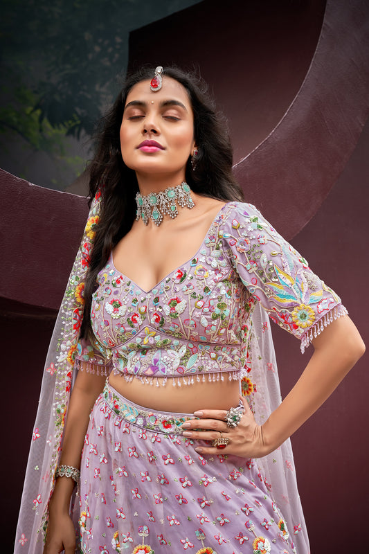 Mauve Net Zarkan & heavy Sequin embroidery Designer Lehenga choli & Dupatta