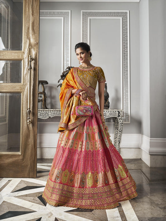 Mustard-Pink Zarkan Embroidered Banarasi Silk Bridal Lehenga