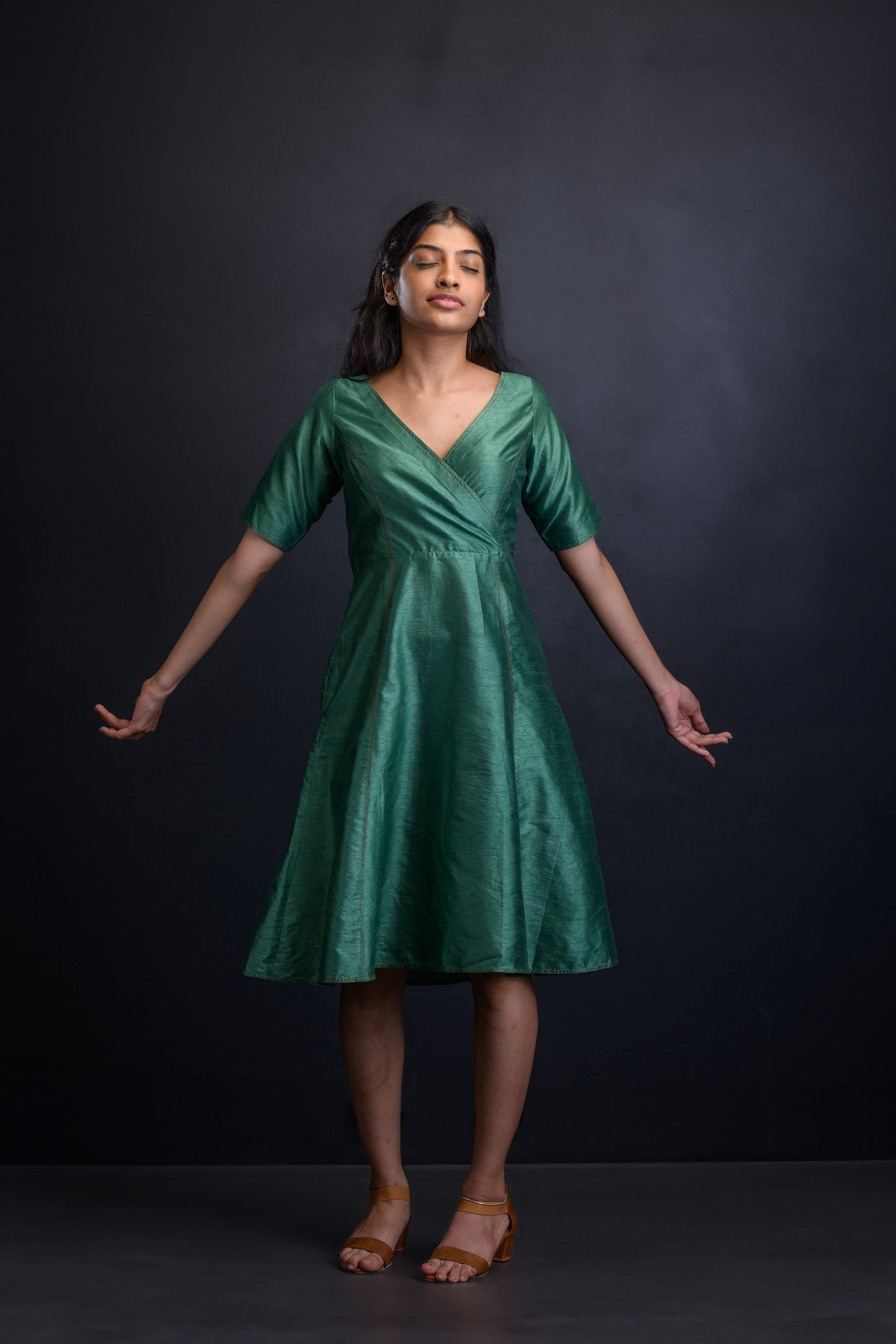 Green Embroidered Dupion Silk Mehr Dress with chandni belt