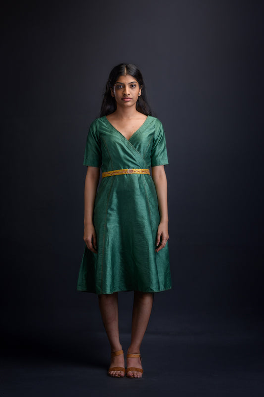 Green Embroidered Dupion Silk Mehr Dress with chandni belt