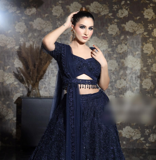 Navy Blue Soft Net Thread Embroidered Lehenga