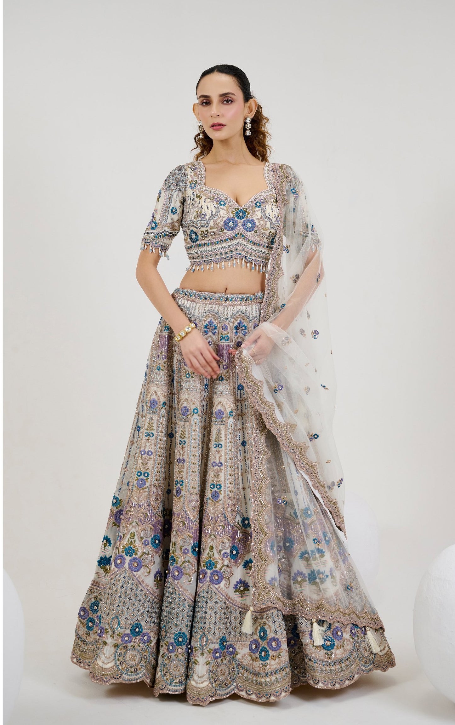 Off White Stone & Sequins Embroidered Organza Bridesmaid Lehenga