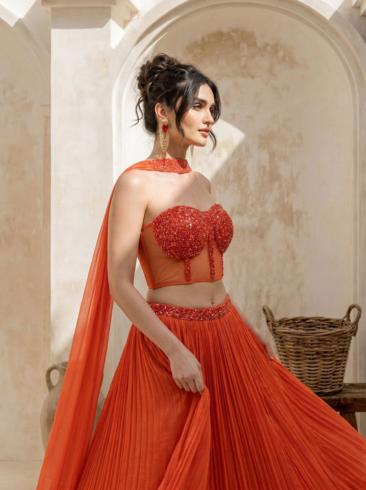 Orange Corset Pure Chinnon Cutdana & Sequence Hand Work Party Wear pleated Skirt & Dupatta