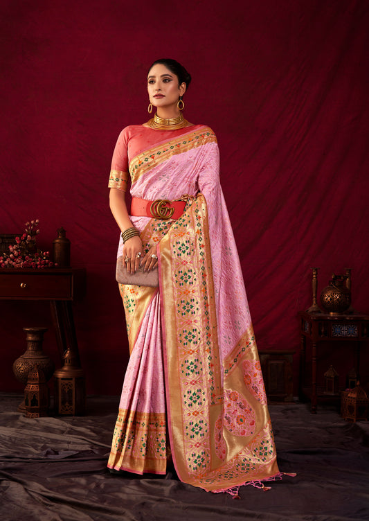 Bansi Baby-Pink Paithani Silk Meenakari weaves Zari Saree