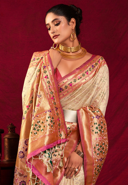 Bansi Cream Paithani Silk Meenakari weaves Zari Saree