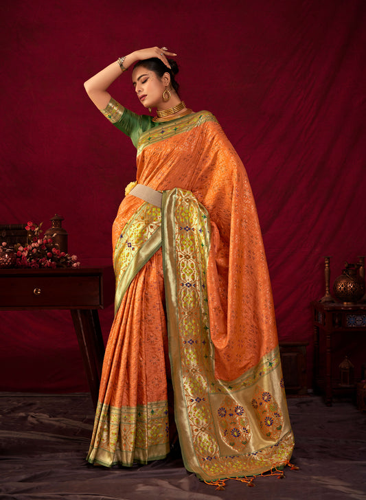 Bansi Orange Paithani Silk Meenakari weaves Zari Saree