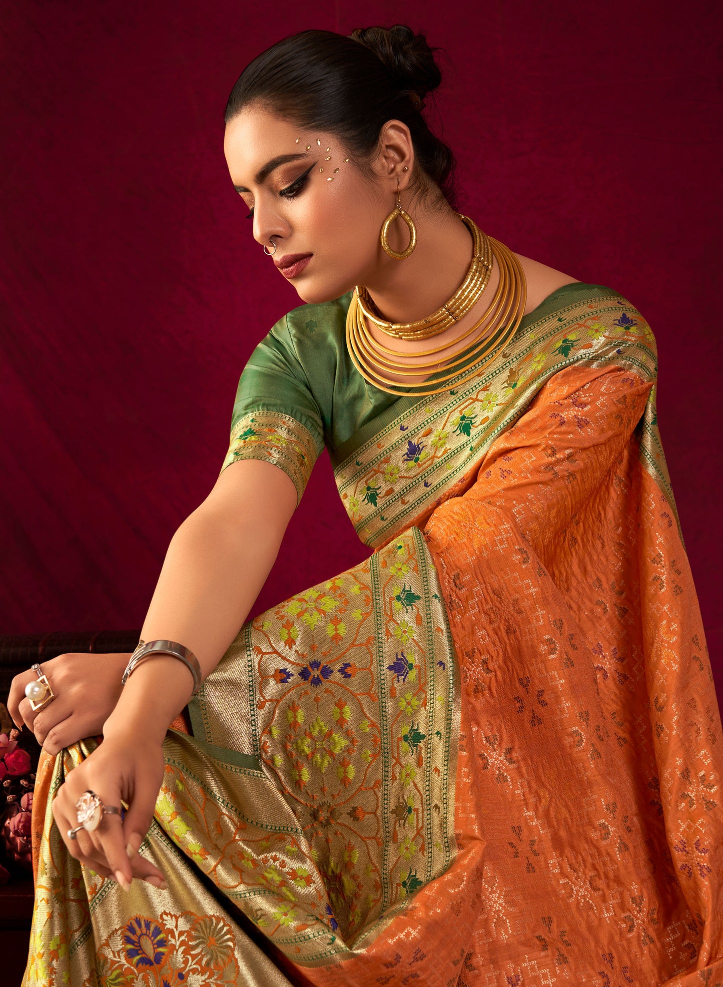 Bansi Orange Paithani Silk Meenakari weaves Zari Saree