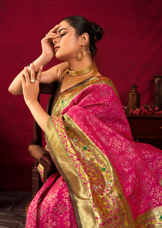 Bansi Pink Paithani Silk Meenakari weaves Zari Saree