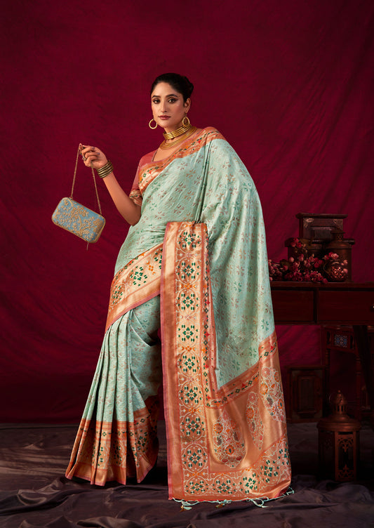 Bansi Sea Green Paithani Silk Meenakari weaves Zari Saree