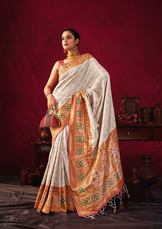 Bansi White Paithani Silk Meenakari weaves Zari Saree