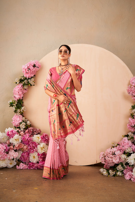 Baby Pink Paithani Silk Zari woven Butti Saree